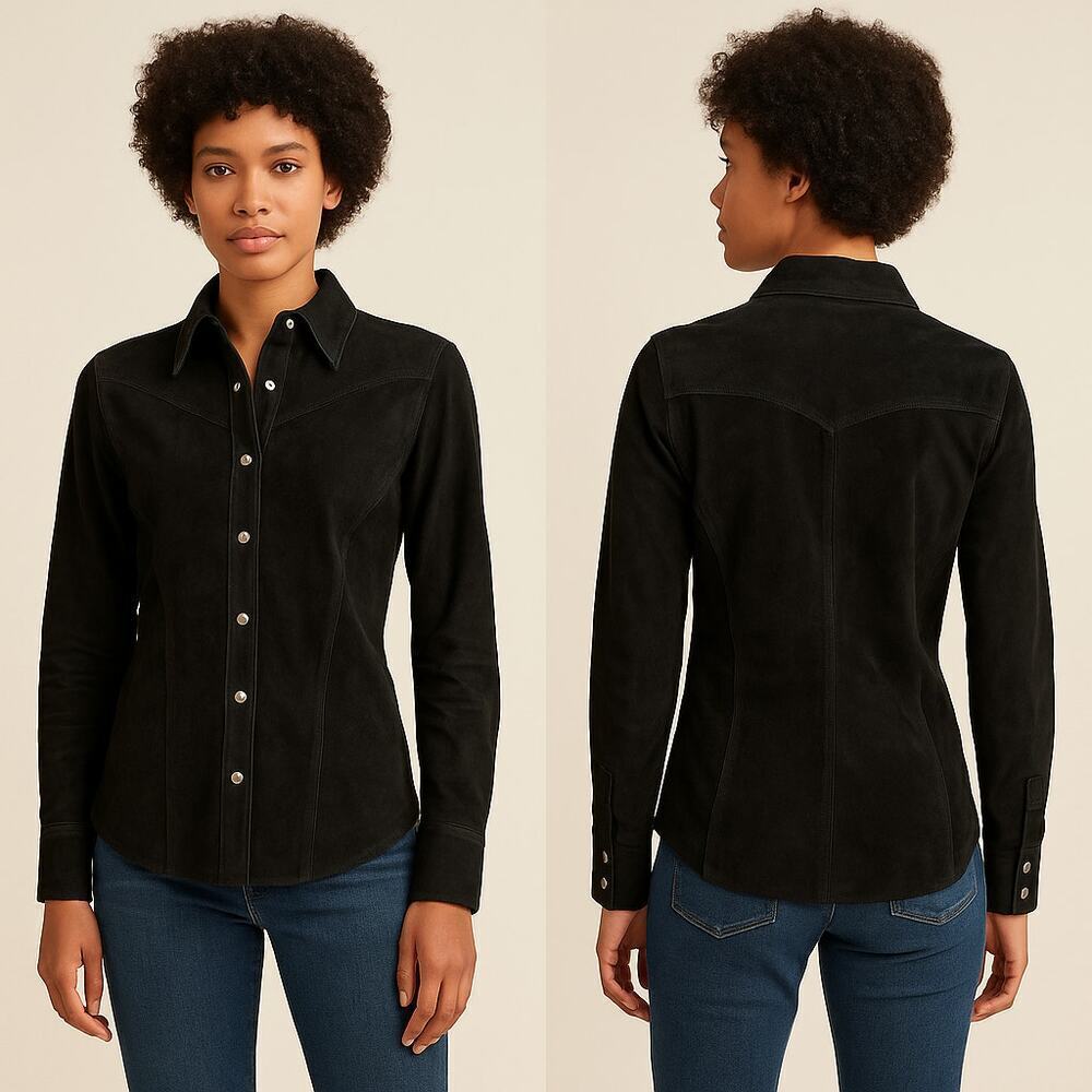 Eddie Bauer Seattle Suede Black Button-Up Shirt XS 100% Leather Washable - Picture 1 of 8